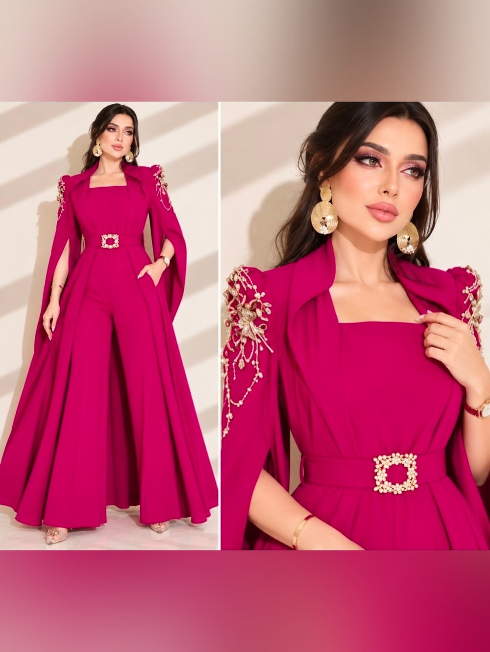 Elegant fuchsia pink jumpsuit with a dramatic cape-style overlay.